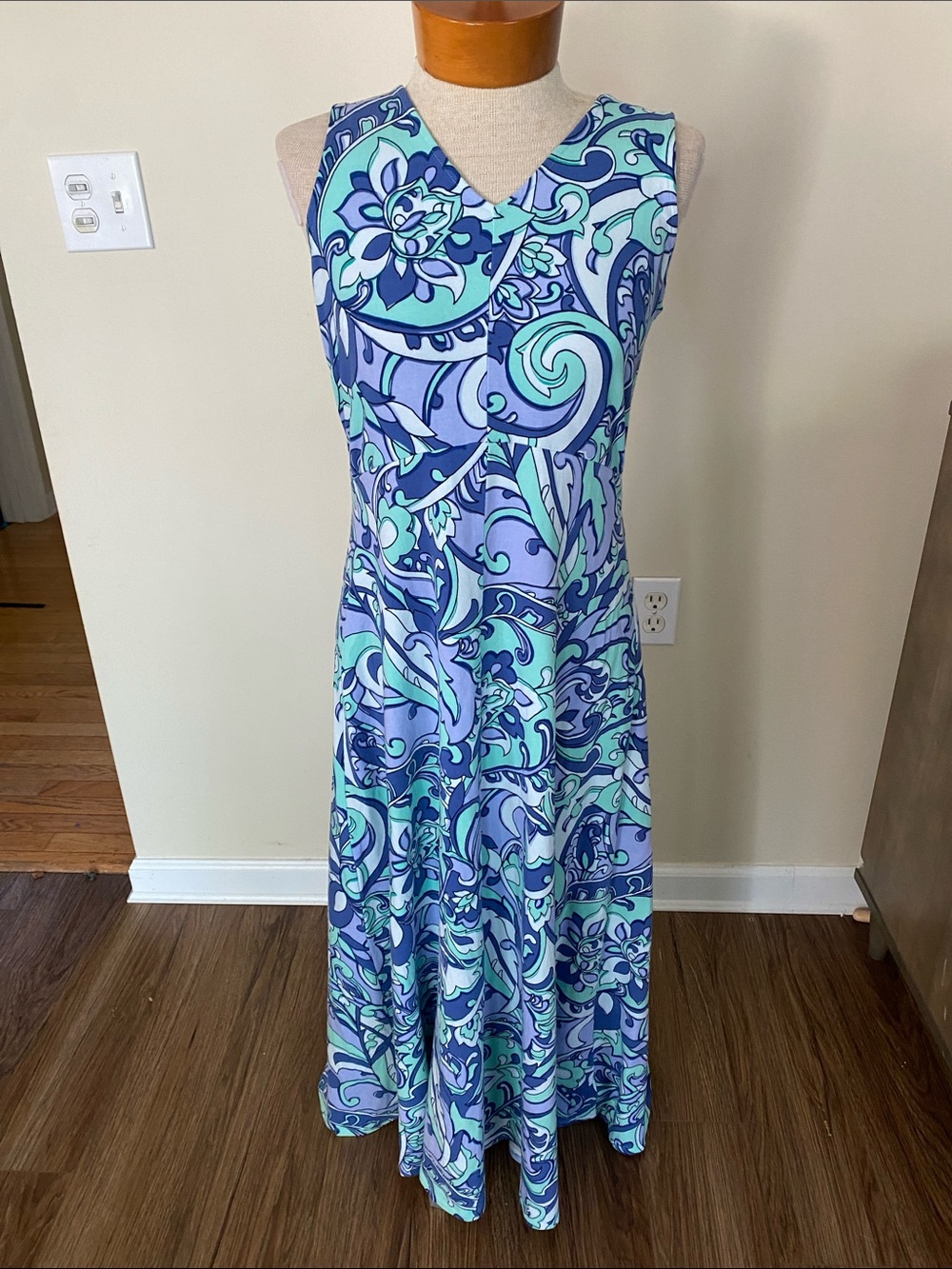 Talbots blue and mint retro paisley print cotton blend maxi size M stretchy.